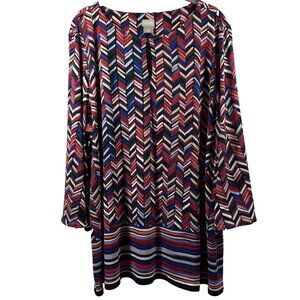 Chicos Womens Top XL Red Blue Colorful Mixed Print Bell 3/4 Sleeve Stretch Artsy